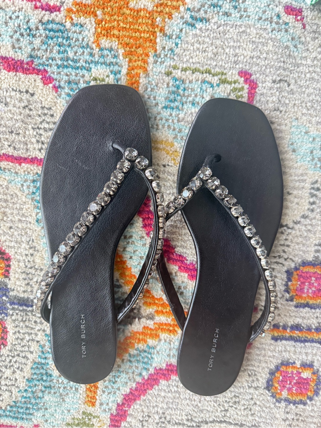 Tory Burch Black Crystal-Embellished Leather Sandals